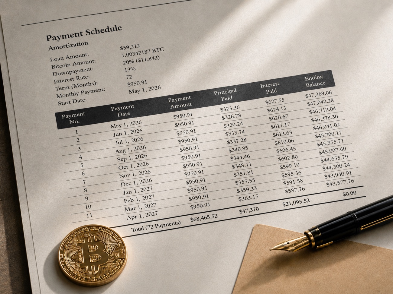 A Pyrus Credit Bitcoin Equity Loan payment schedule beside a Bitcoin coin and a fountain pen